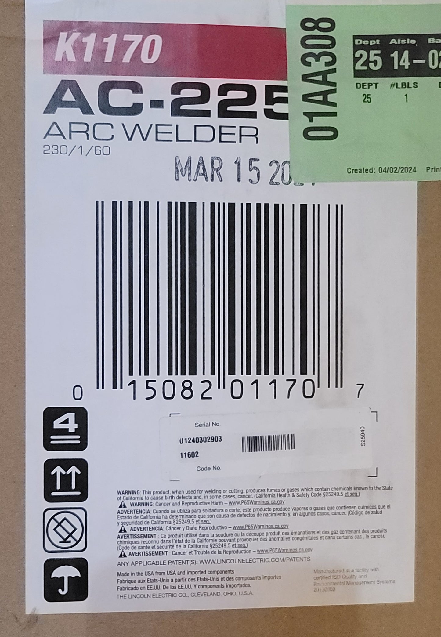 LINCOLN ELECTRIC K1170 AC225, 60Hz Arc Welder